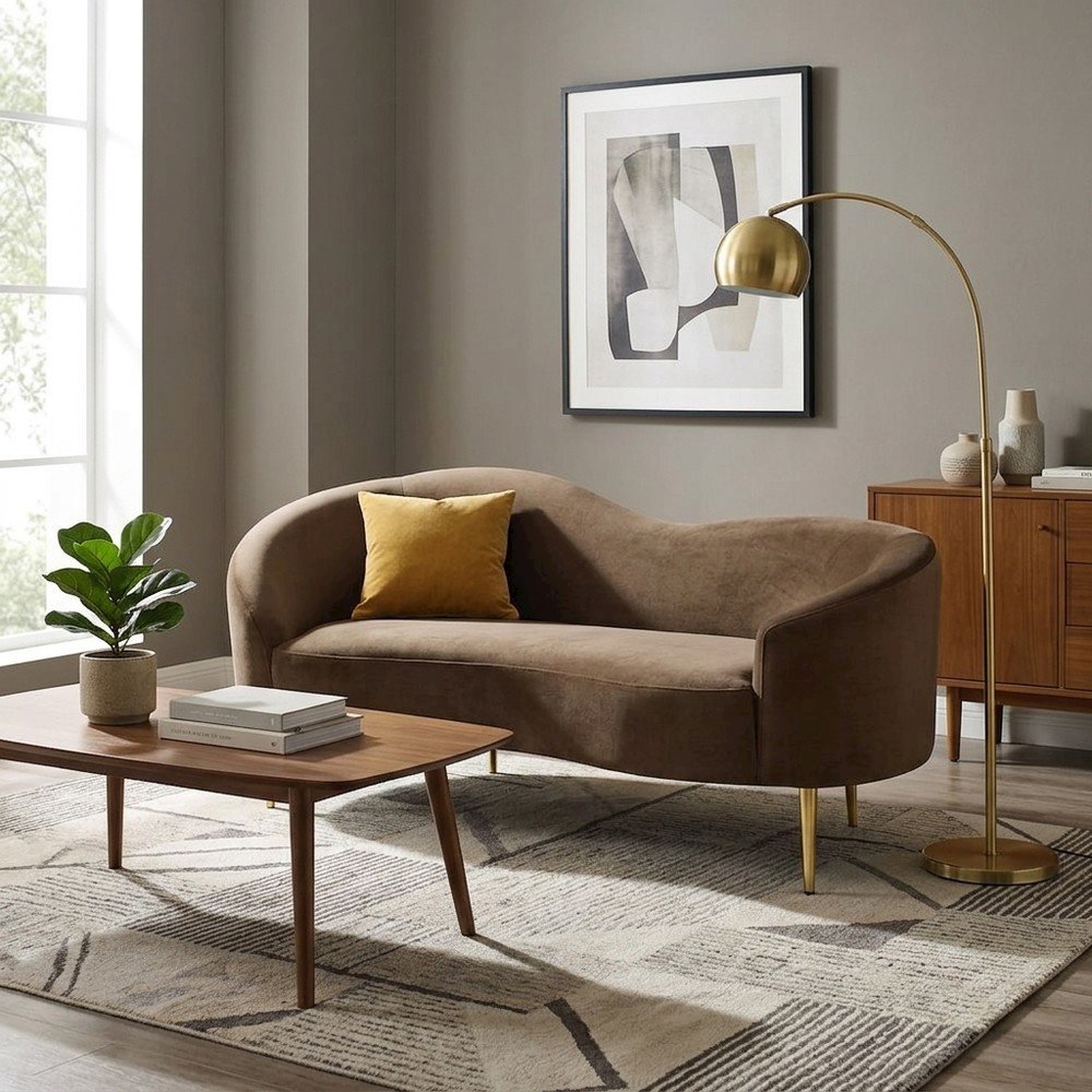 Velvet-Upholstered Sofa and Loveseat with Gold-Finish Wood Legs, Brown Velvet