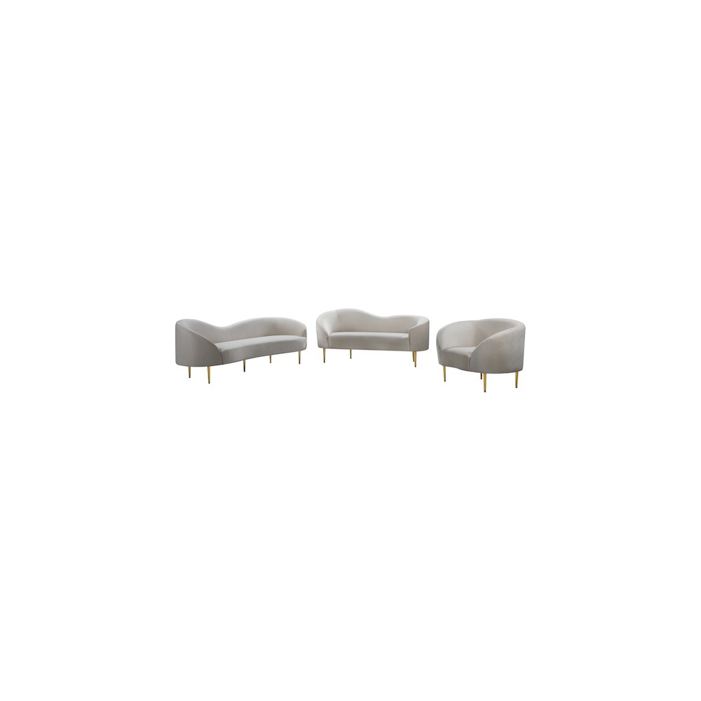 Velvet-Upholstered Sofa and Loveseat with Gold-Finish Wood Legs, Cream Velvet