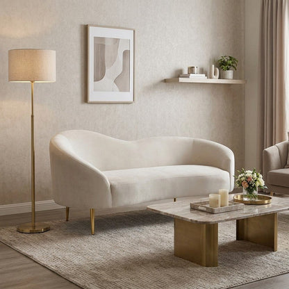 Velvet-Upholstered Sofa and Loveseat with Gold-Finish Wood Legs, Cream Velvet