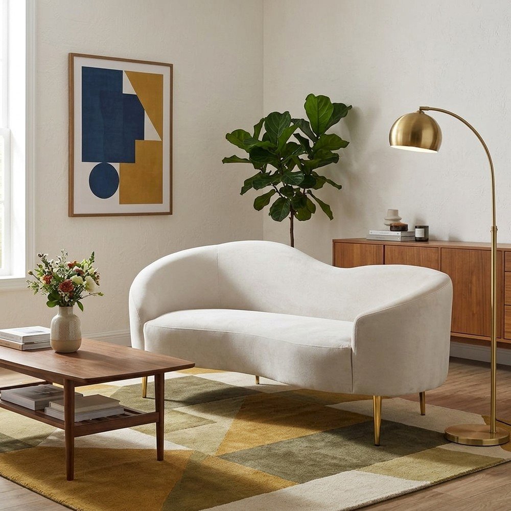 Velvet-Upholstered Sofa and Loveseat with Gold-Finish Wood Legs, Cream Velvet