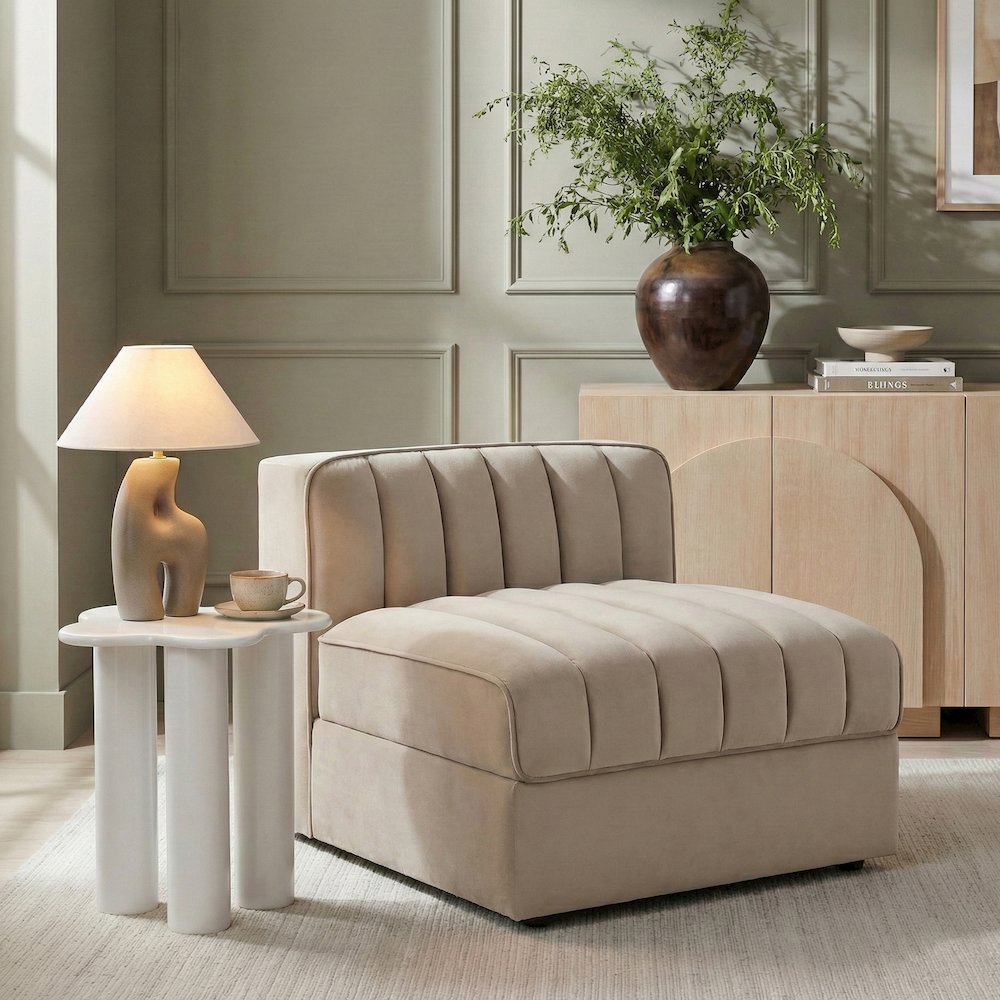 Rummi Beige Velvet Performance Fabric Upholstered Modular Chair