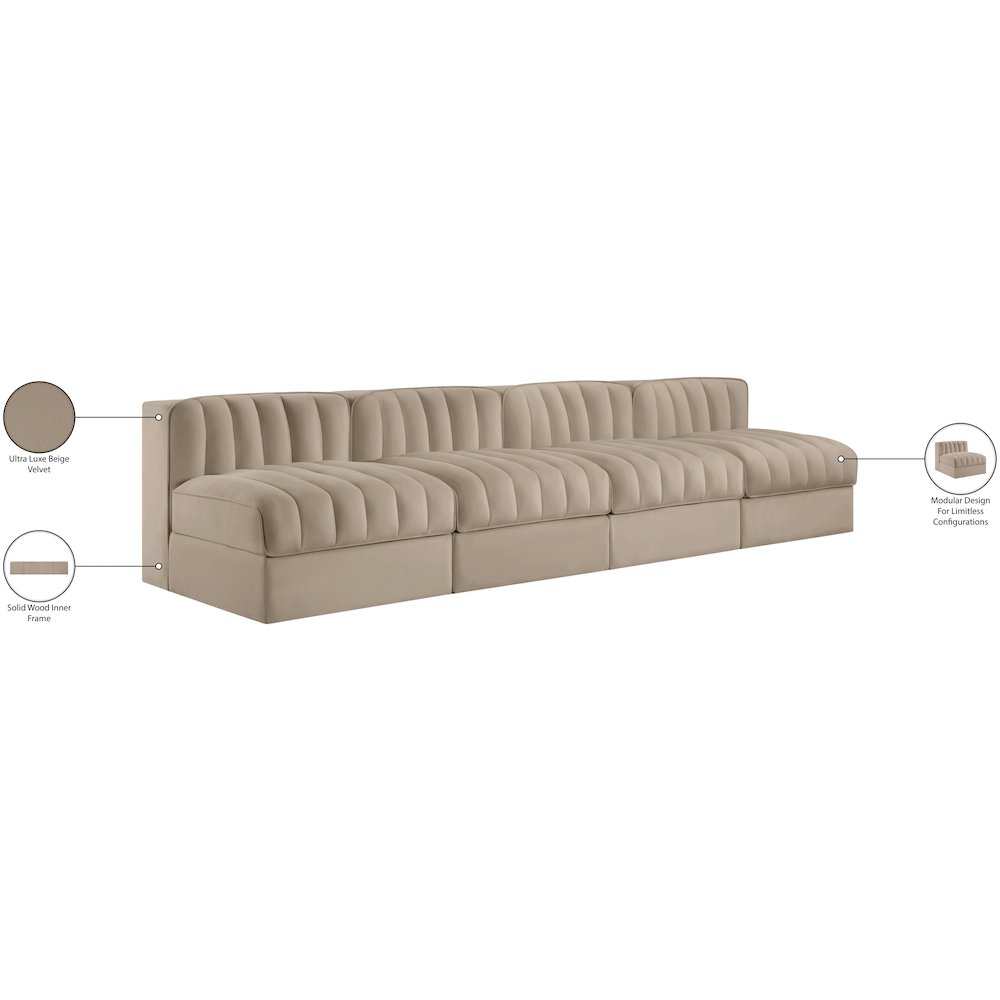 Rummi Beige Velvet Performance Fabric Upholstered 4pc. Modular Sofa
