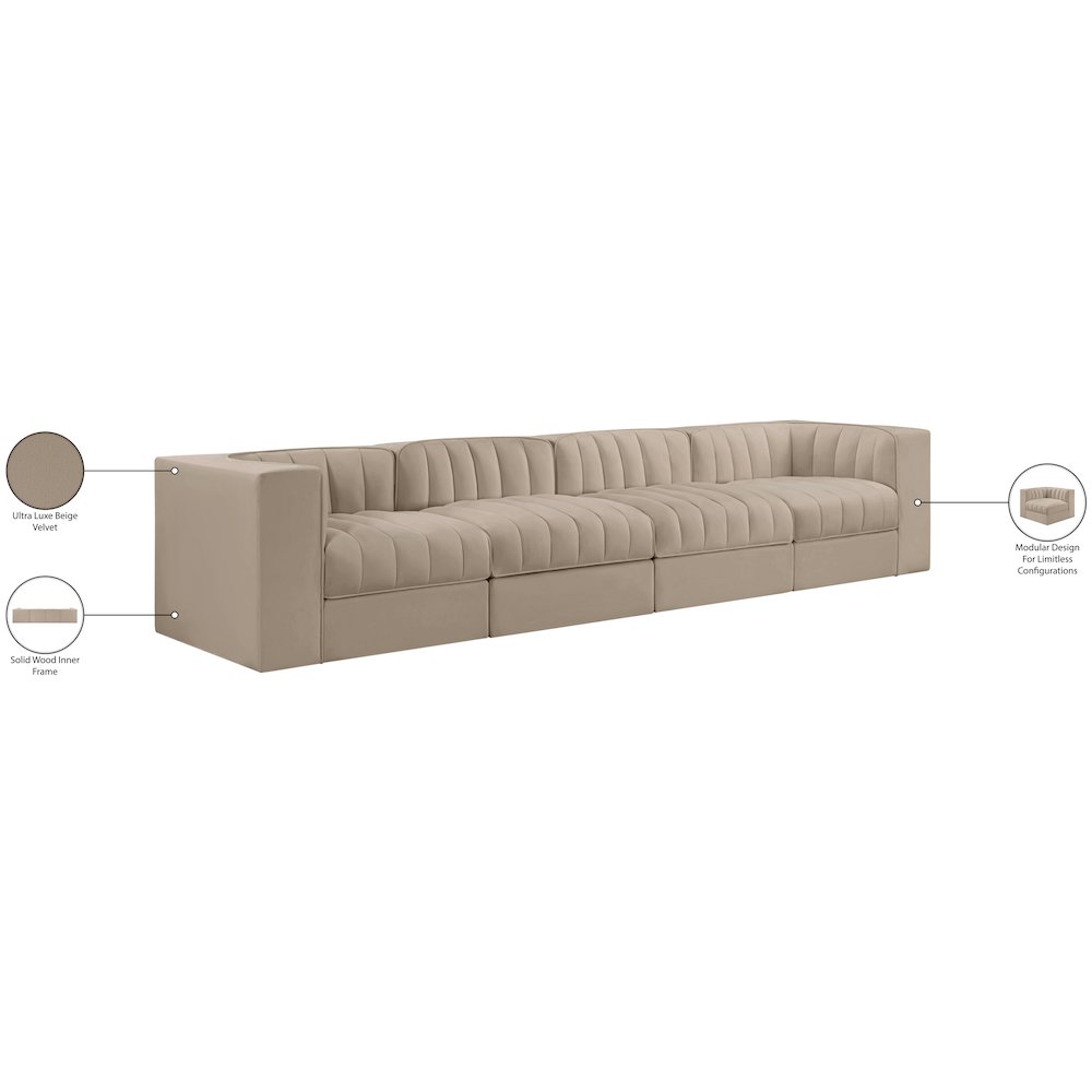Rummi Beige Velvet Performance Fabric Upholstered 4pc. Modular Sofa
