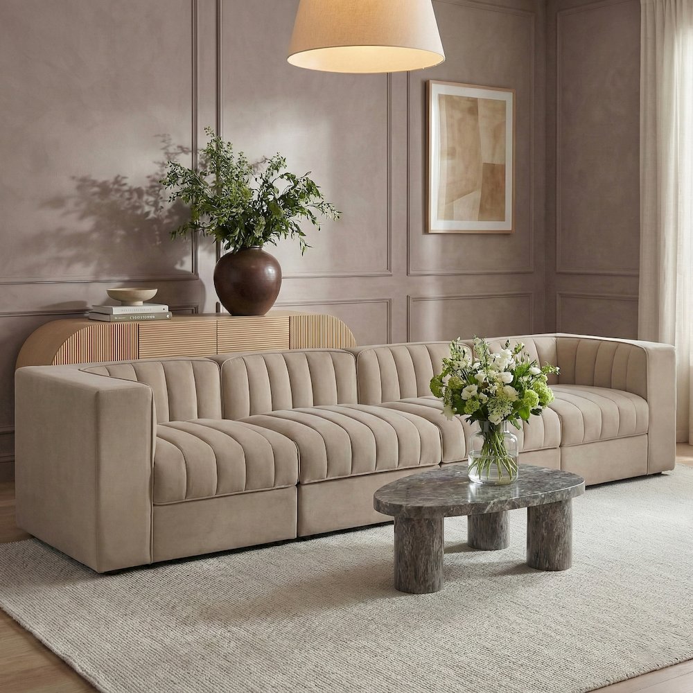 Rummi Beige Velvet Performance Fabric Upholstered 4pc. Modular Sofa