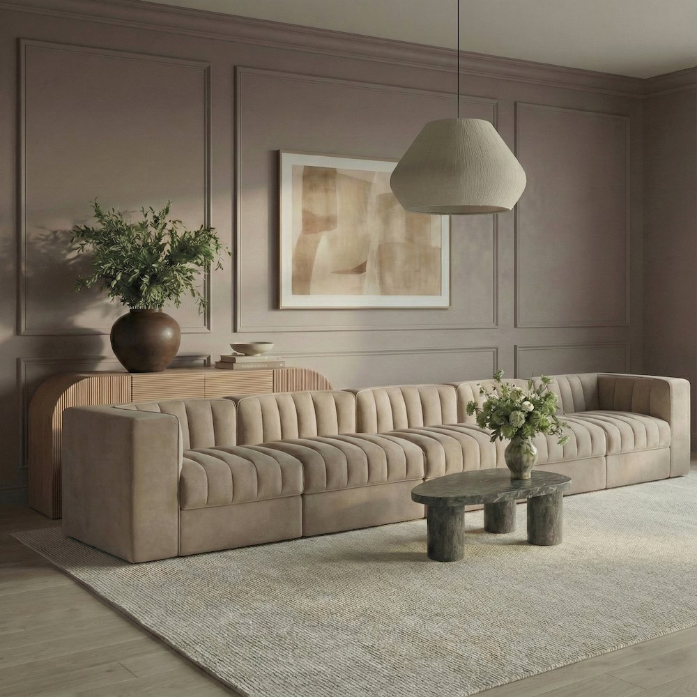 Rummi Beige Velvet Performance Fabric Upholstered 5pc. Modular Sofa