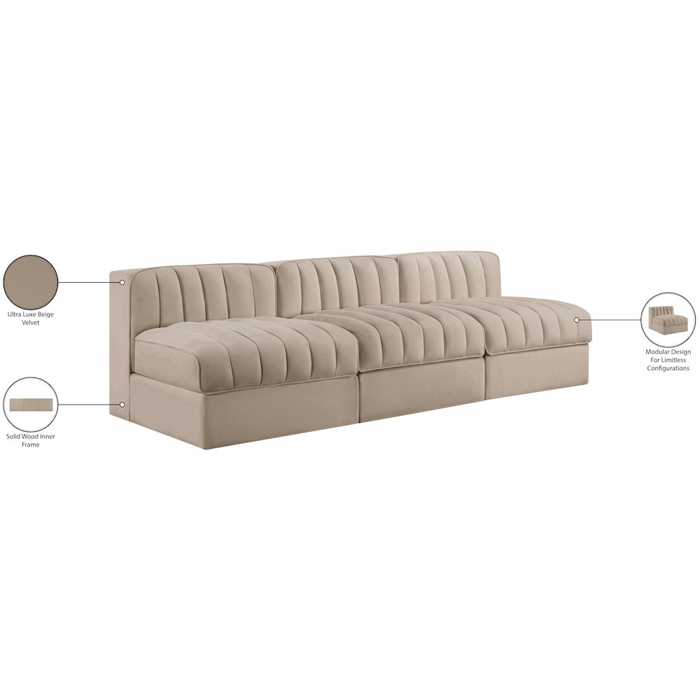 Rummi Beige Velvet Performance Fabric Upholstered 3pc. Modular Sofa