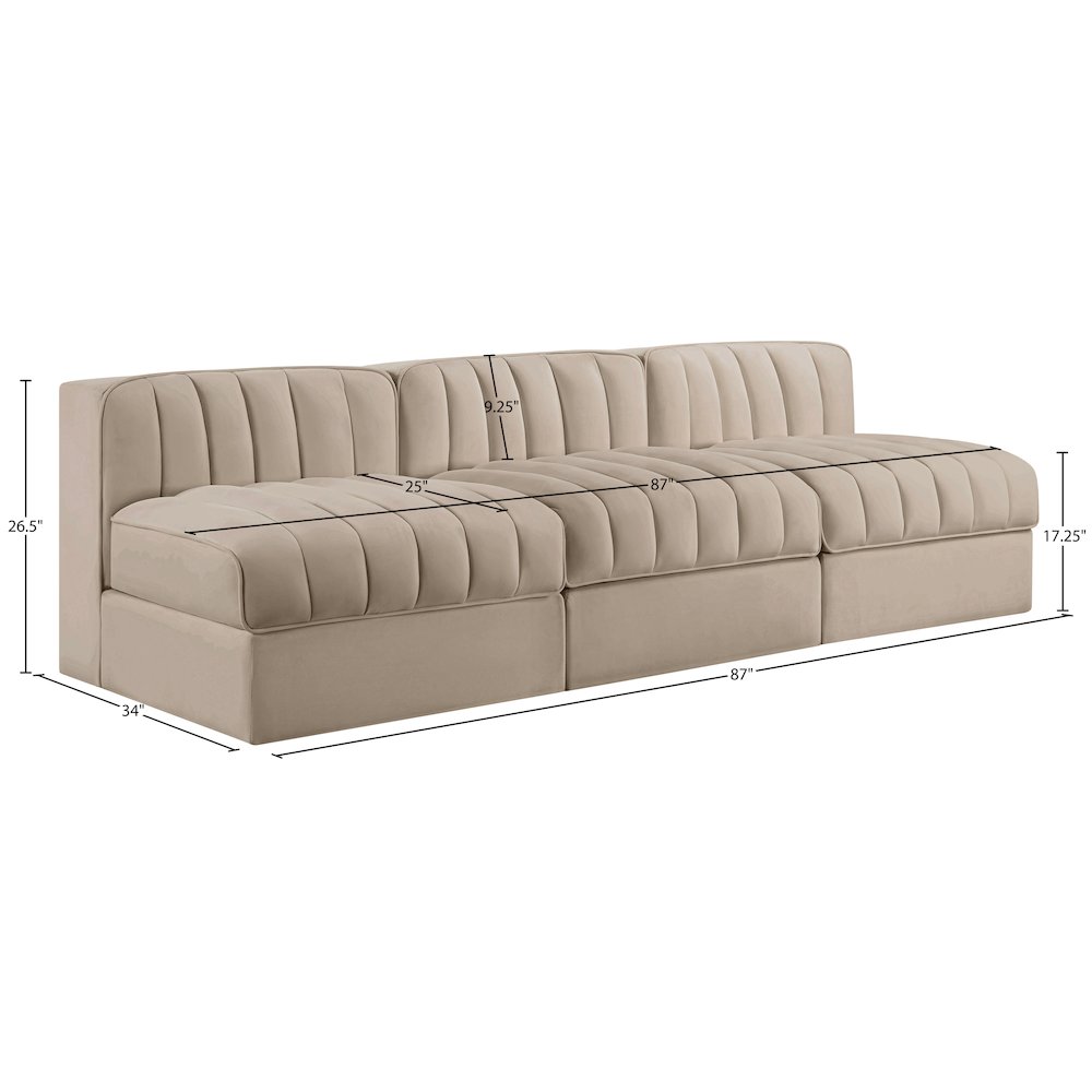 Rummi Beige Velvet Performance Fabric Upholstered 3pc. Modular Sofa