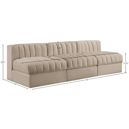 Rummi Beige Velvet Performance Fabric Upholstered 3pc. Modular Sofa