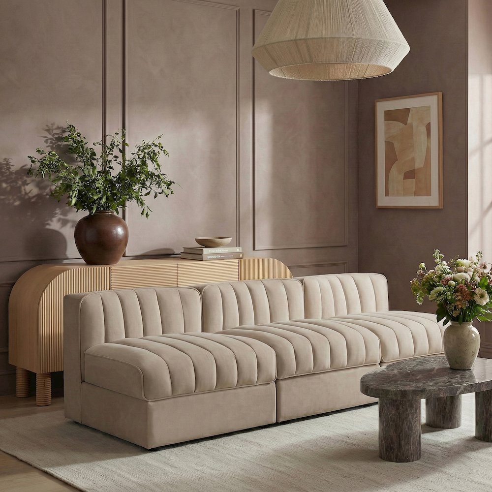 Rummi Beige Velvet Performance Fabric Upholstered 3pc. Modular Sofa