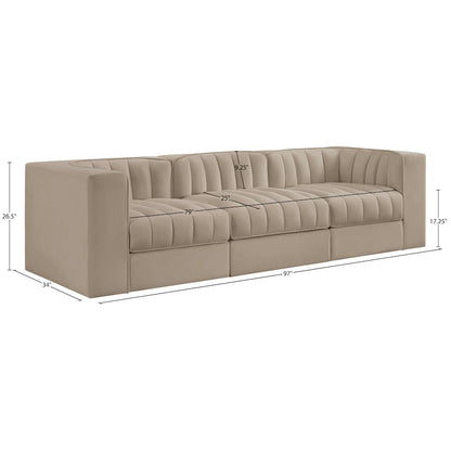 Rummi Beige Velvet Performance Fabric Upholstered 3pc. Modular Sofa