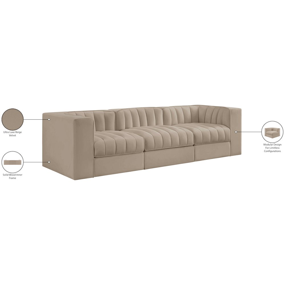 Rummi Beige Velvet Performance Fabric Upholstered 3pc. Modular Sofa