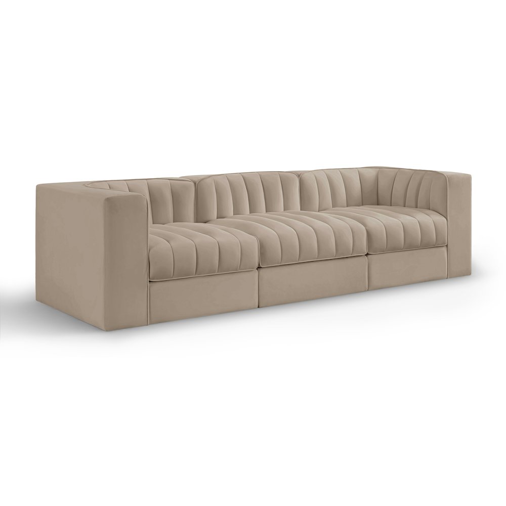 Rummi Beige Velvet Performance Fabric Upholstered 3pc. Modular Sofa