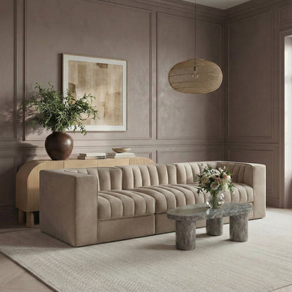 Rummi Beige Velvet Performance Fabric Upholstered 3pc. Modular Sofa