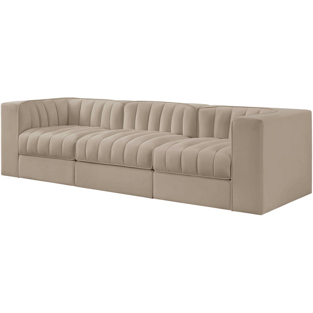 Rummi Beige Velvet Performance Fabric Upholstered 3pc. Modular Sofa