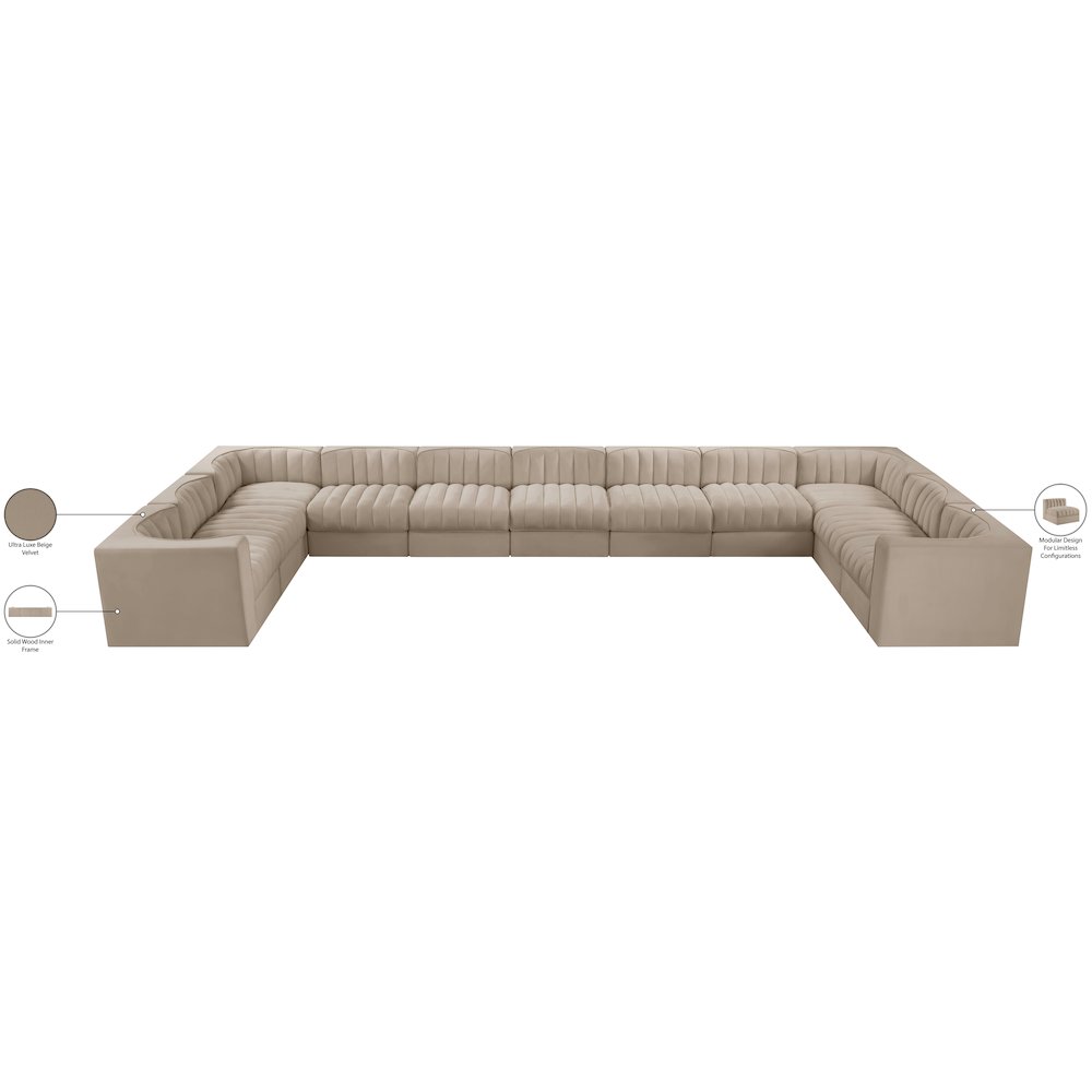 Rummi Beige Velvet Performance Fabric Upholstered 11pc. Modular Sectional