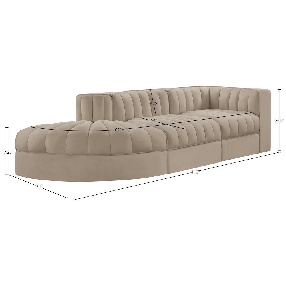 Rummi Beige Velvet Performance Fabric Upholstered 3pc. Modular Sectional