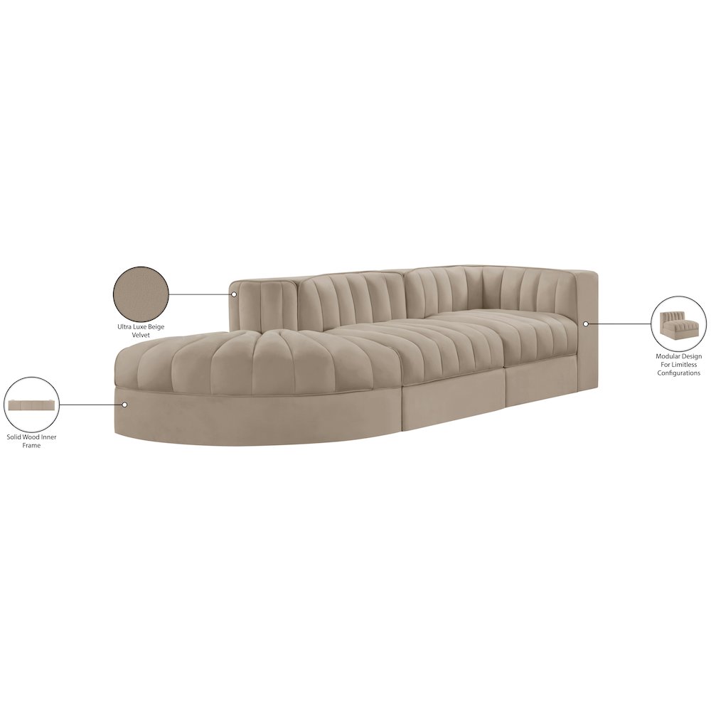 Rummi Beige Velvet Performance Fabric Upholstered 3pc. Modular Sectional