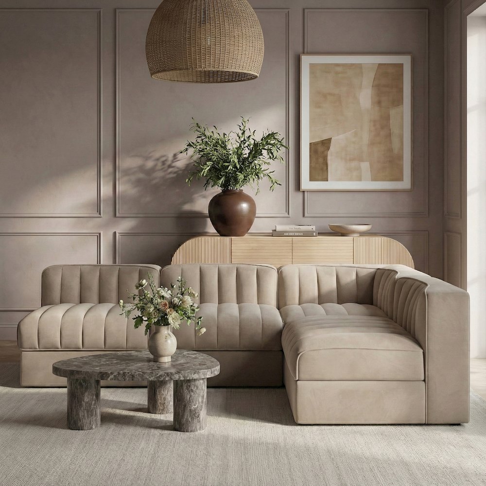 Rummi Beige Velvet Performance Fabric Upholstered 4pc. Modular Sectional
