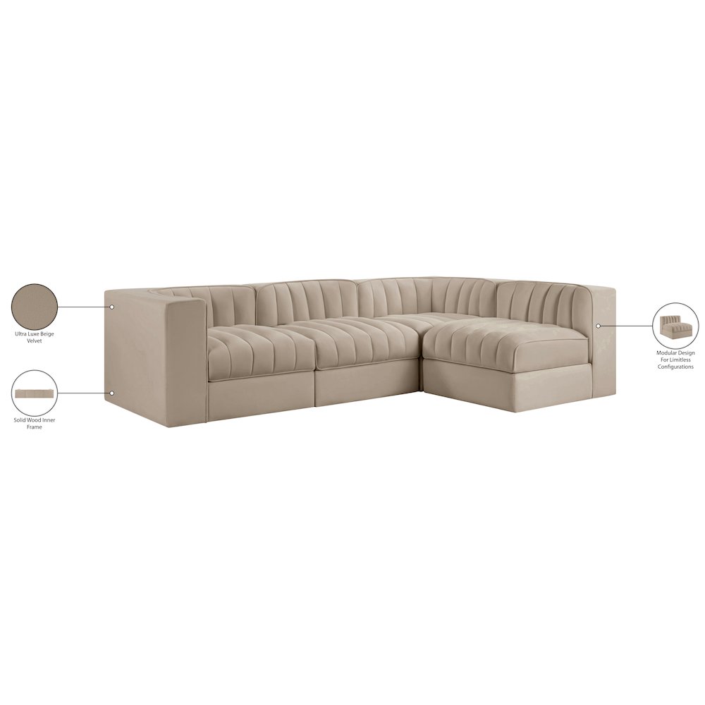 Rummi Beige Velvet Performance Fabric Upholstered 4pc. Modular Sectional