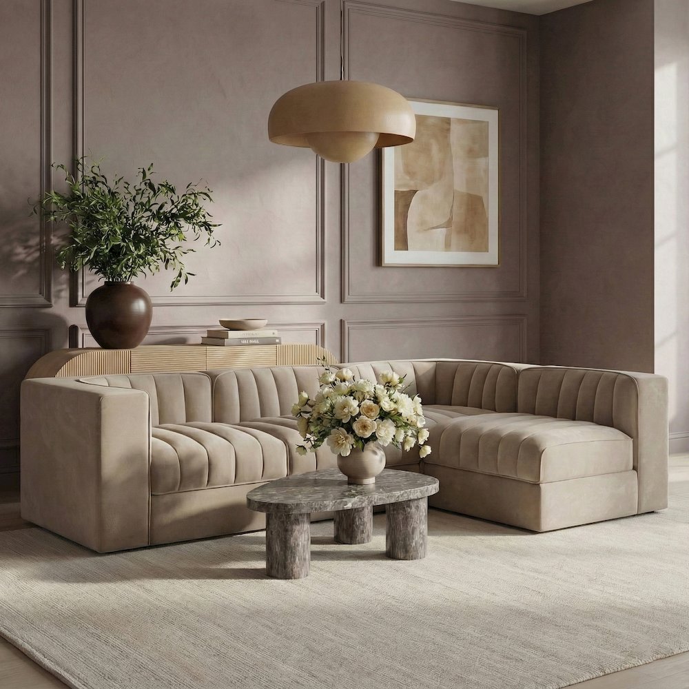 Rummi Beige Velvet Performance Fabric Upholstered 4pc. Modular Sectional