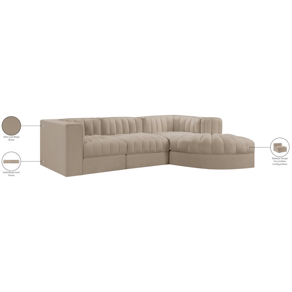 Rummi Beige Velvet Performance Fabric Upholstered 4pc. Modular Sectional