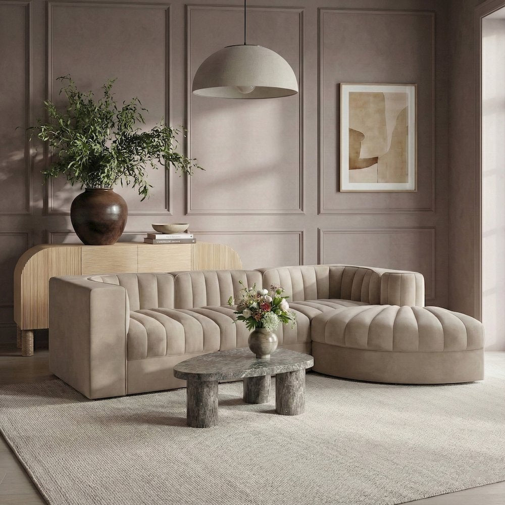 Rummi Beige Velvet Performance Fabric Upholstered 4pc. Modular Sectional