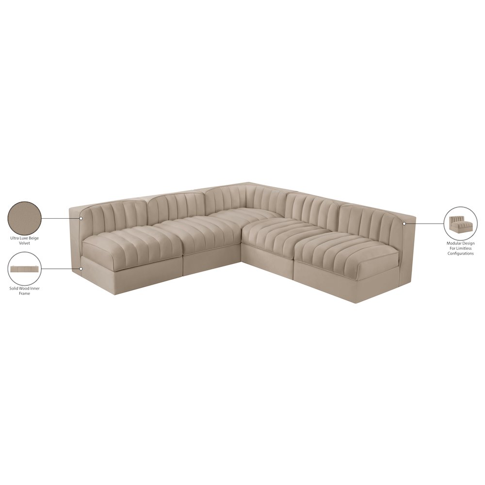 Rummi Beige Velvet Performance Fabric Upholstered 5pc. Modular Sectional