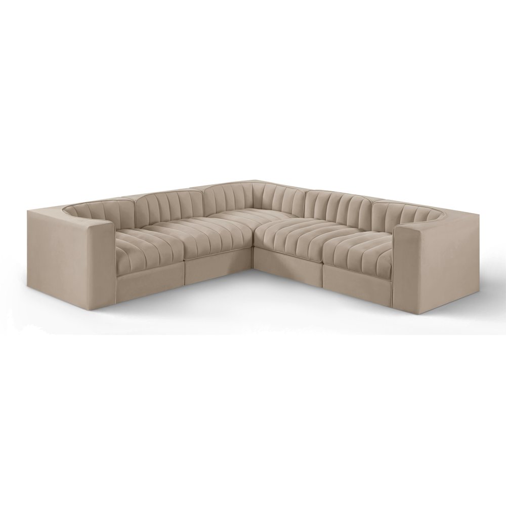 Rummi Beige Velvet Performance Fabric Upholstered 5pc. Modular Sectional