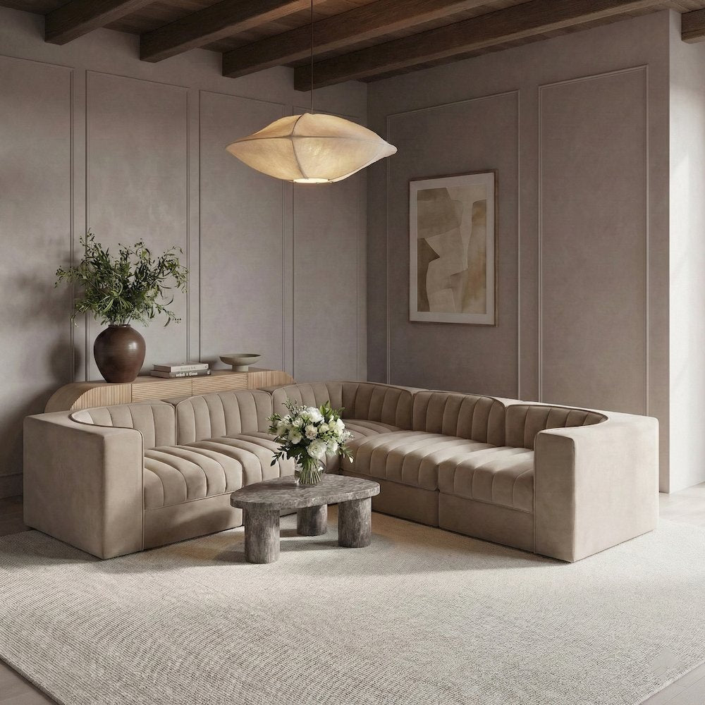 Rummi Beige Velvet Performance Fabric Upholstered 5pc. Modular Sectional