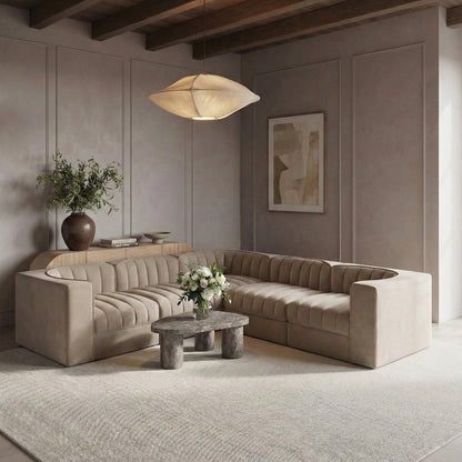 Rummi Beige Velvet Performance Fabric Upholstered 5pc. Modular Sectional