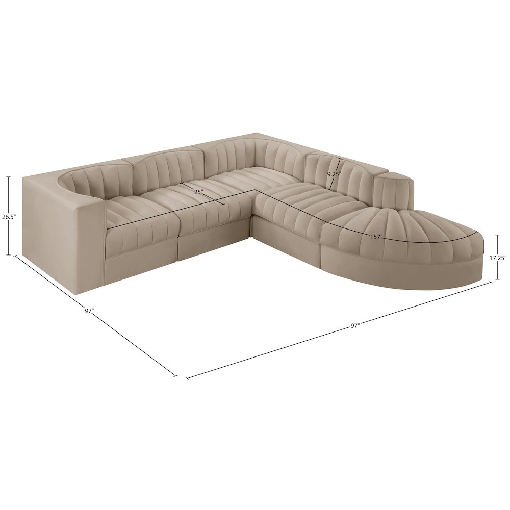 Rummi Beige Velvet Performance Fabric Upholstered 5pc. Modular Sectional