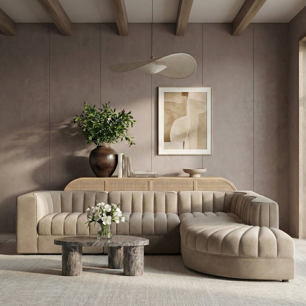 Rummi Beige Velvet Performance Fabric Upholstered 5pc. Modular Sectional