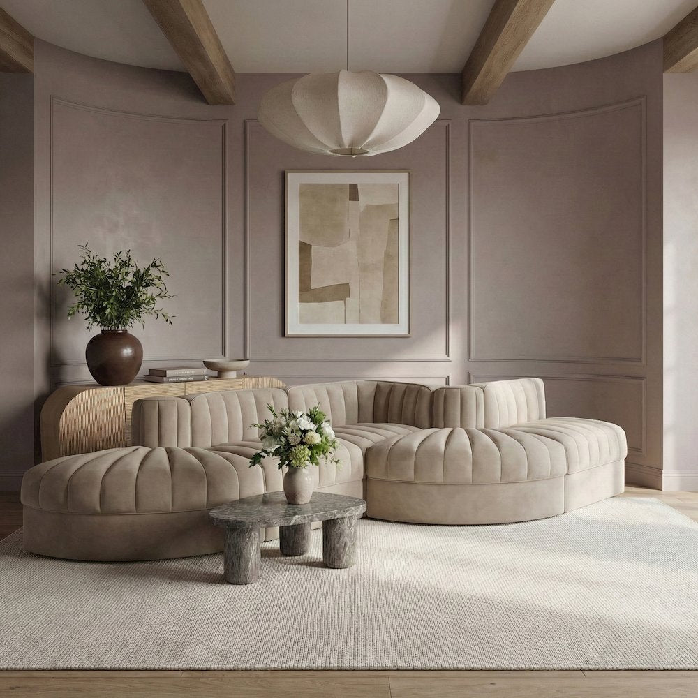 Rummi Beige Velvet Performance Fabric Upholstered 5pc. Modular Sectional