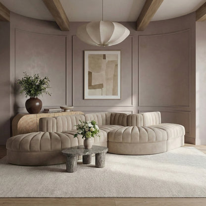 Rummi Beige Velvet Performance Fabric Upholstered 5pc. Modular Sectional