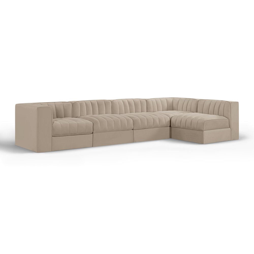 Rummi Beige Velvet Performance Fabric Upholstered 5pc. Modular Sectional
