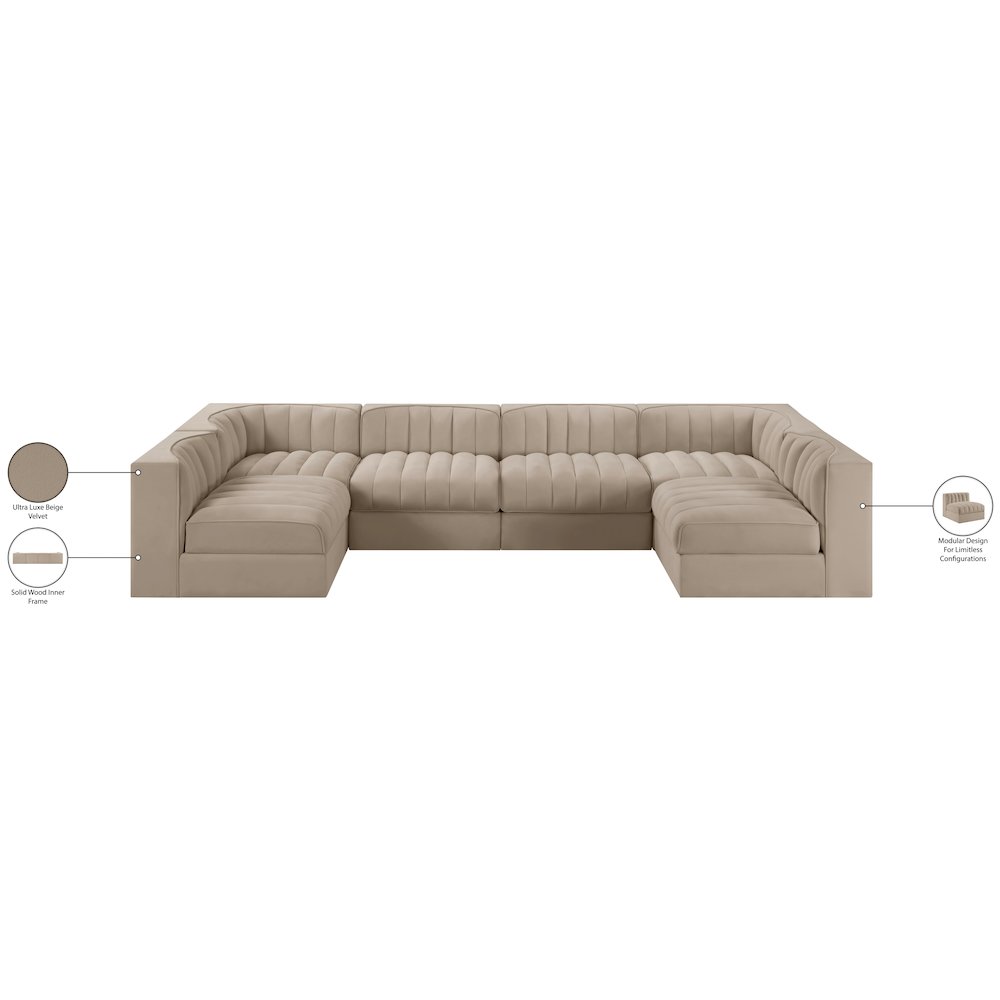Rummi Beige Velvet Performance Fabric Upholstered 6pc. Modular Sectional