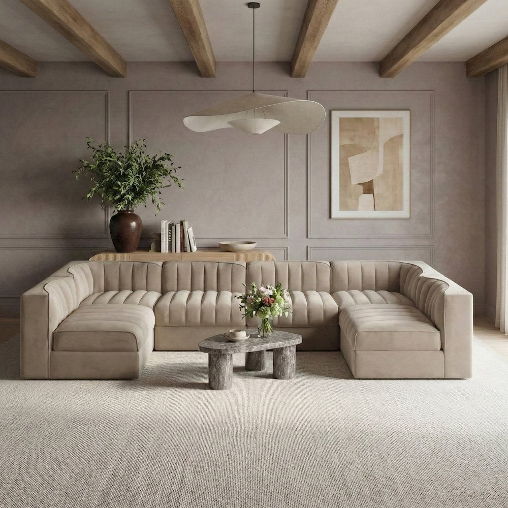 Rummi Beige Velvet Performance Fabric Upholstered 6pc. Modular Sectional