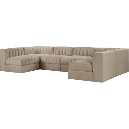Rummi Beige Velvet Performance Fabric Upholstered 6pc. Modular Sectional