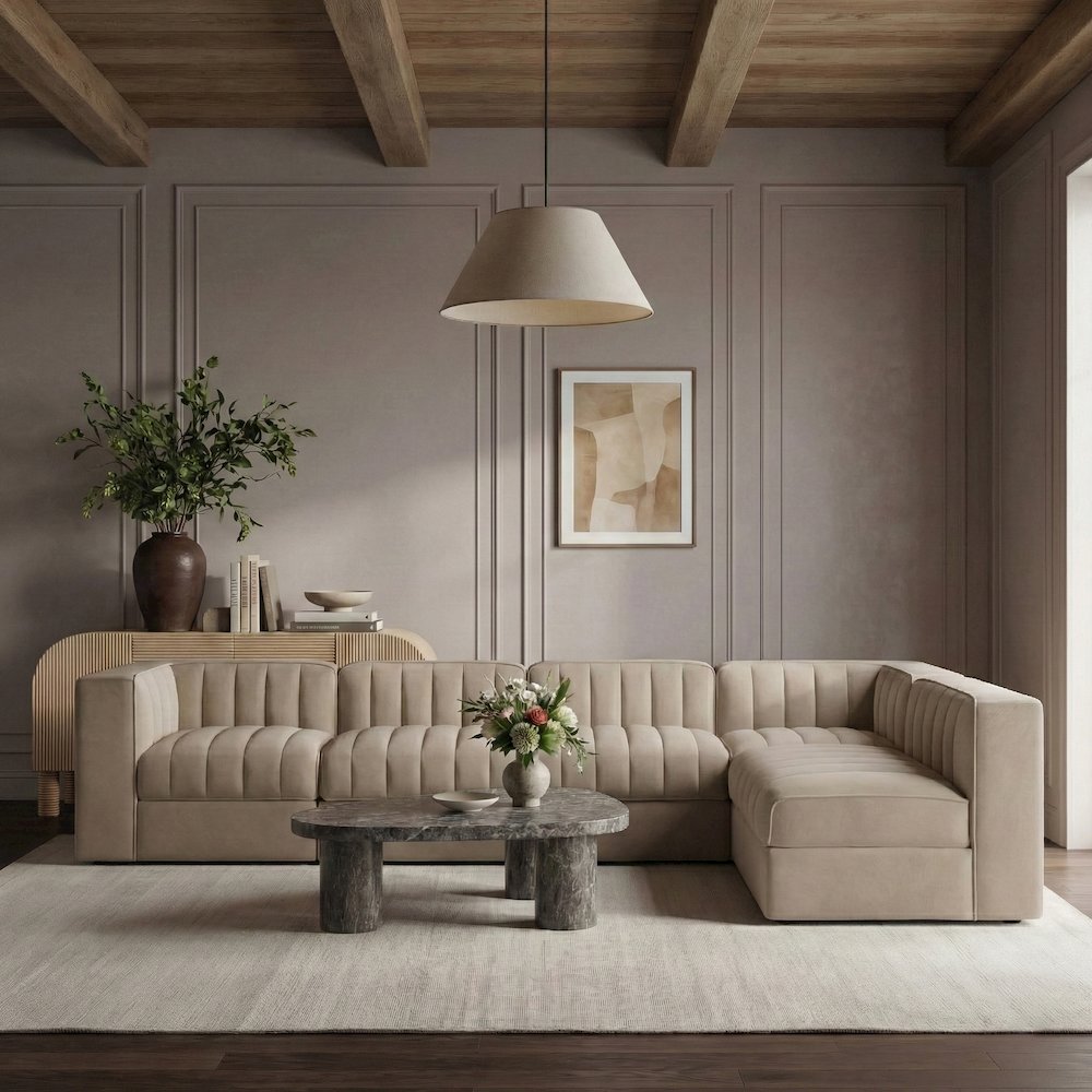 Rummi Beige Velvet Performance Fabric Upholstered 6pc. Modular Sectional