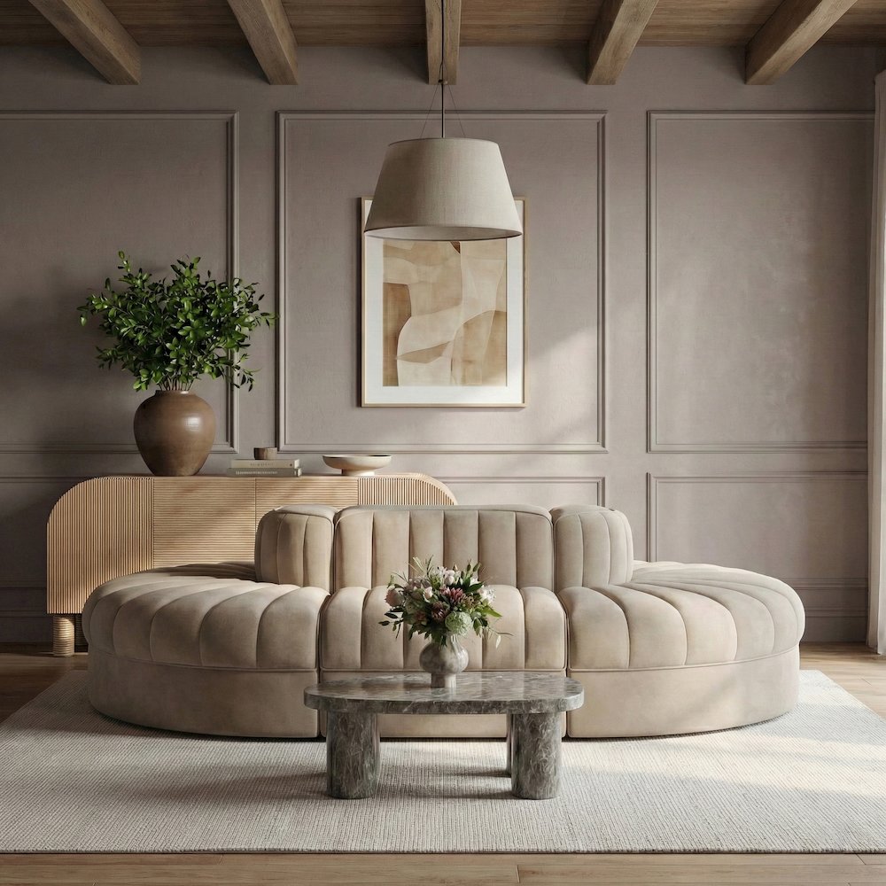 Rummi Beige Velvet Performance Fabric Upholstered 6pc. Modular Sectional