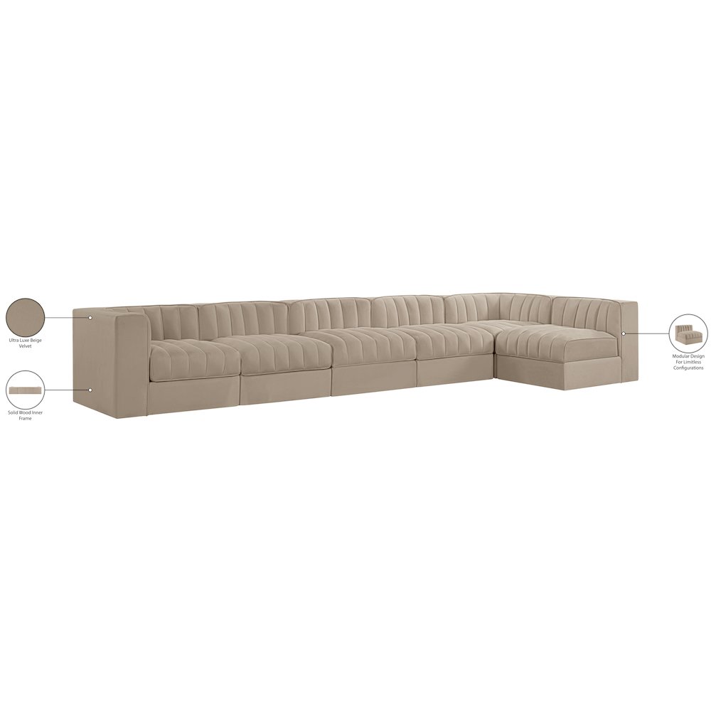 Rummi Beige Velvet Performance Fabric Upholstered 6pc. Modular Sectional