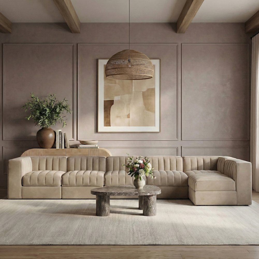 Rummi Beige Velvet Performance Fabric Upholstered 6pc. Modular Sectional