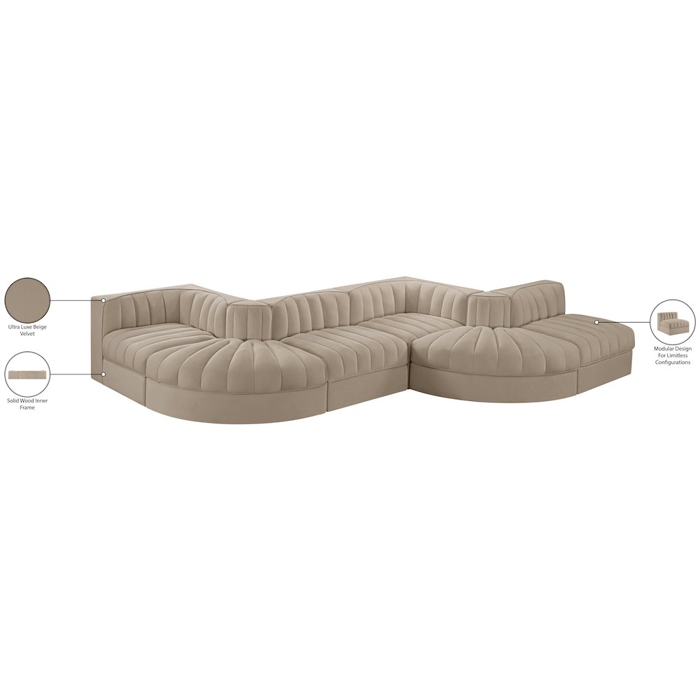 Rummi Beige Velvet Performance Fabric Upholstered 6pc. Modular Sectional