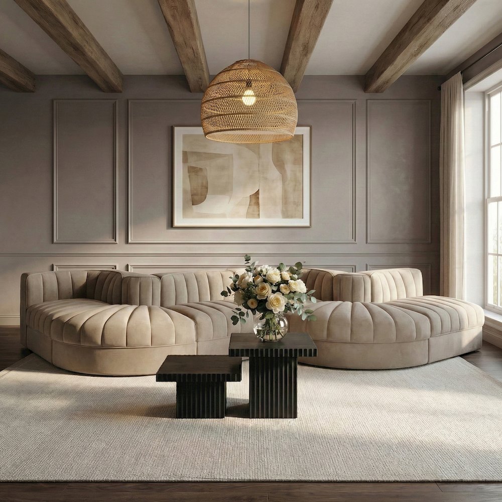 Rummi Beige Velvet Performance Fabric Upholstered 6pc. Modular Sectional