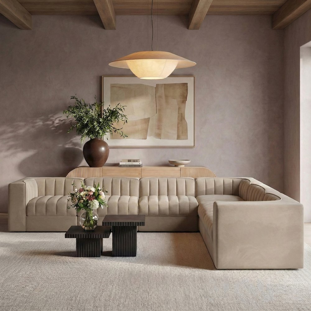 Rummi Beige Velvet Performance Fabric Upholstered 7pc. Modular Sectional