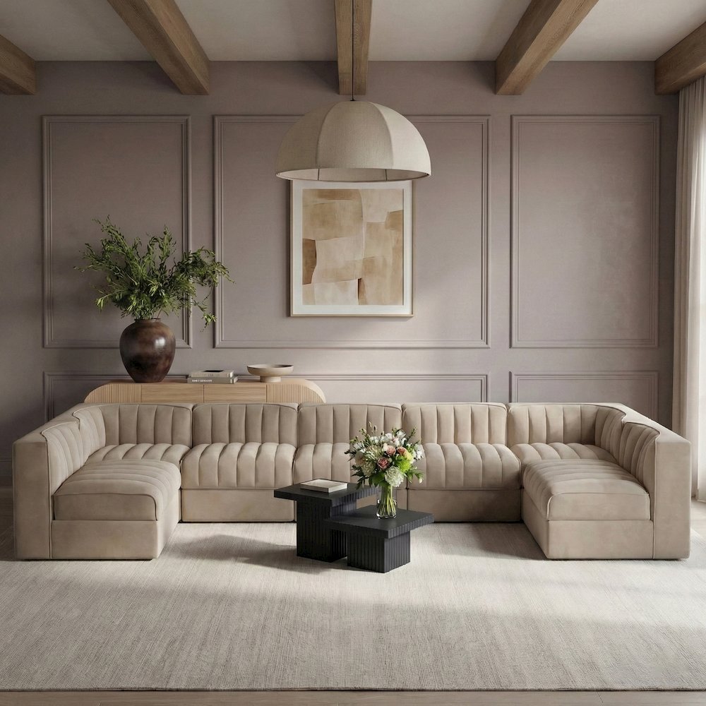 Rummi Beige Velvet Performance Fabric Upholstered 7pc. Modular Sectional
