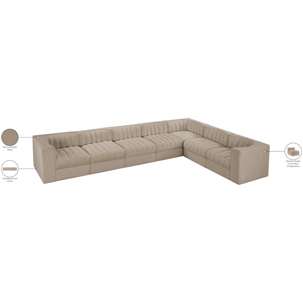 Rummi Beige Velvet Performance Fabric Upholstered 7pc. Modular Sectional