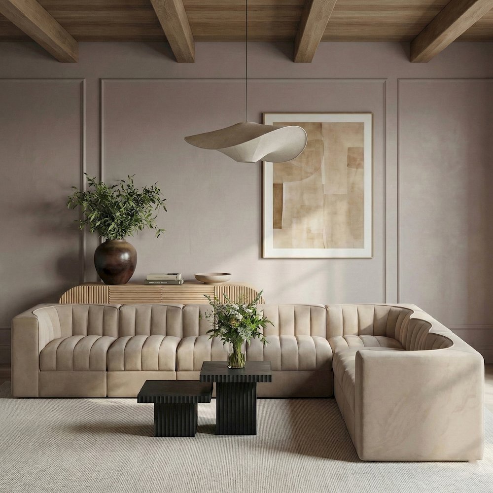 Rummi Beige Velvet Performance Fabric Upholstered 7pc. Modular Sectional