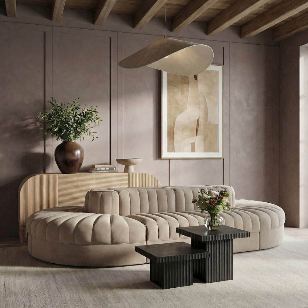 Rummi Beige Velvet Performance Fabric Upholstered 8pc. Modular Sectional