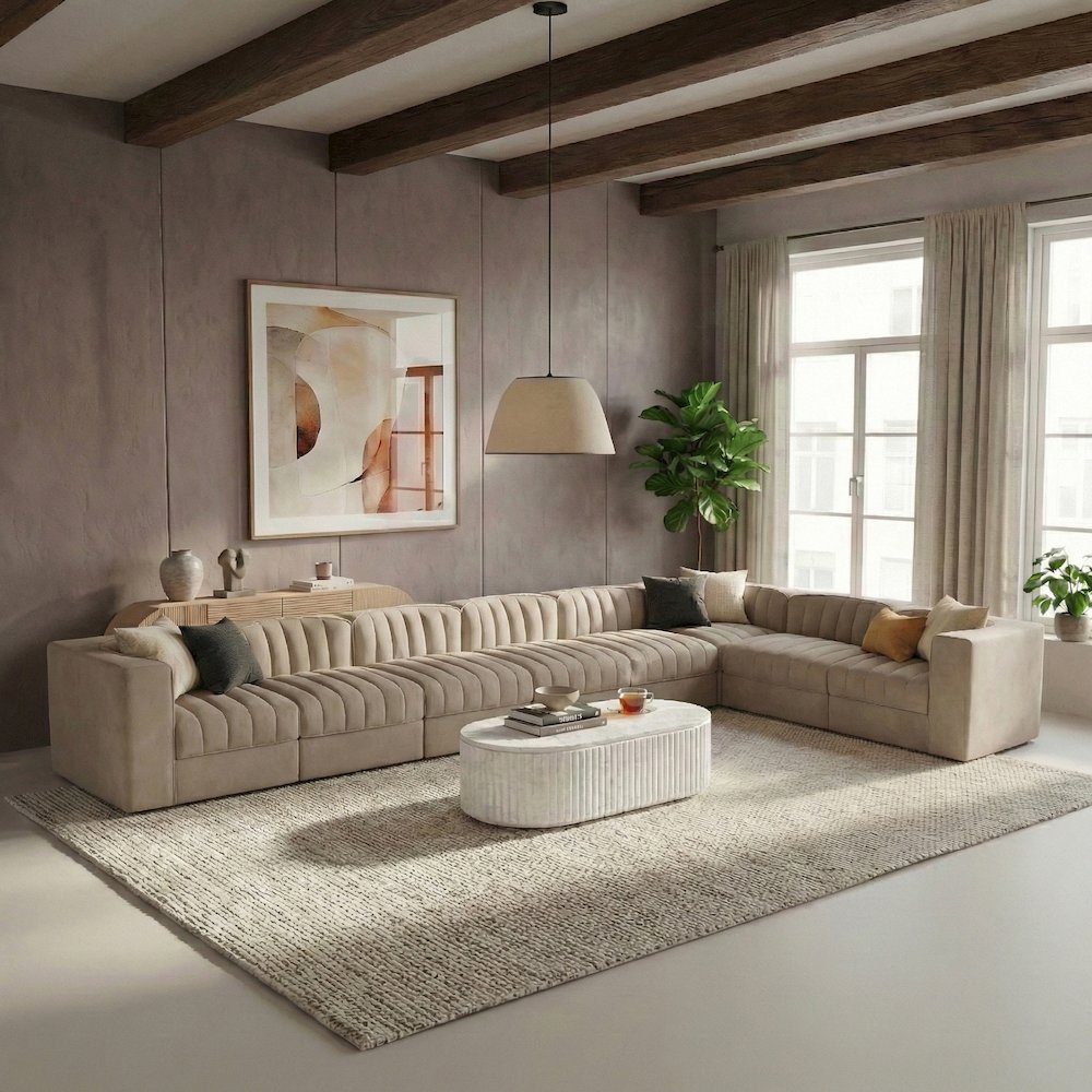 Rummi Beige Velvet Performance Fabric Upholstered 8pc. Modular Sectional